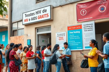Imagem de um local de teste gratuito de HIV e Aids, destacando a importância da detecção precoce e do sigilo no processo.