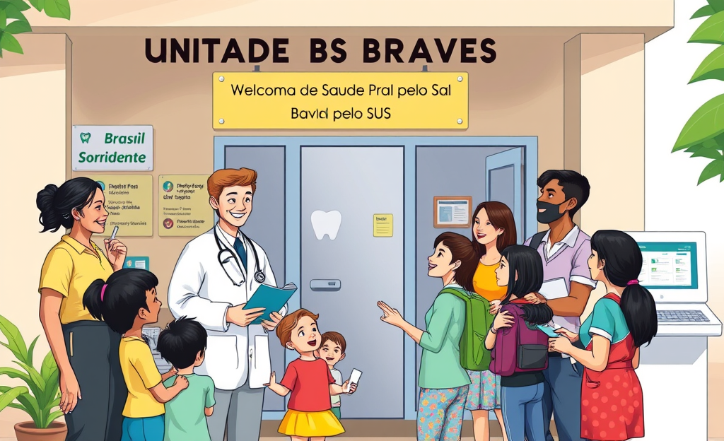 Imagem representativa do Programa de Saúde Bucal pelo SUS, mostrando pessoas recebendo atendimento odontológico.