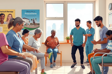 Imagem de uma sessão de fisioterapia gratuita, mostrando um fisioterapeuta ajudando um paciente.