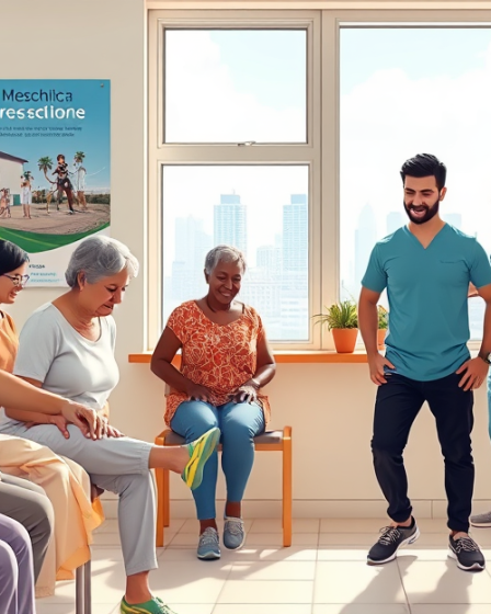 Imagem de uma sessão de fisioterapia gratuita, mostrando um fisioterapeuta ajudando um paciente.