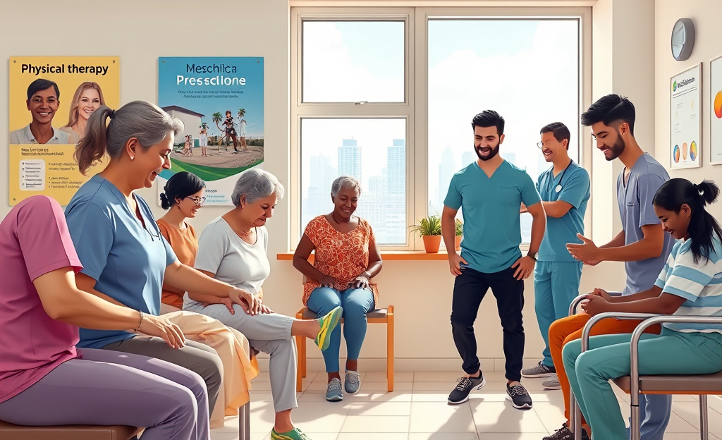 Imagem de uma sessão de fisioterapia gratuita, mostrando um fisioterapeuta ajudando um paciente.