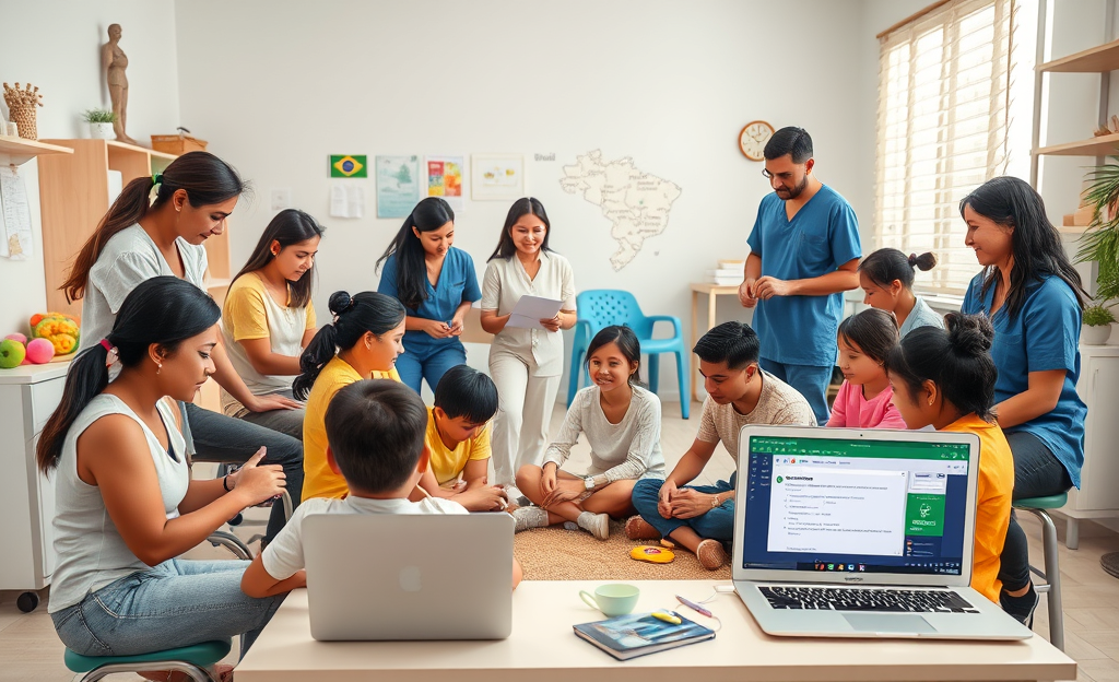 Imagem relacionada à terapia ocupacional gratuita no Brasil, mostrando profissionais ajudando pacientes em reabilitação.