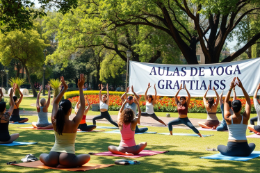 Participantes praticando yoga em um espaço público durante aulas gratuitas.