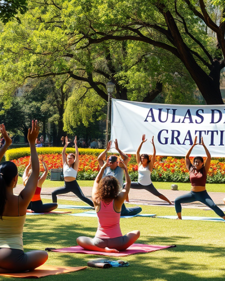 Participantes praticando yoga em um espaço público durante aulas gratuitas.
