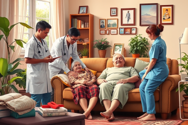 Imagem ilustrativa do atendimento de saúde domiciliar gratuito, mostrando profissionais de saúde em ação com pacientes em casa.