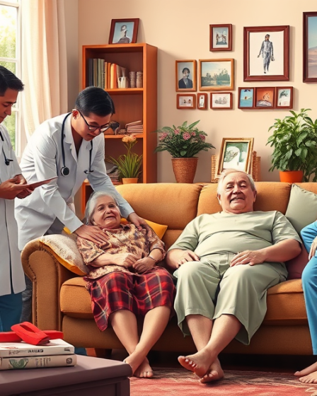 Imagem ilustrativa do atendimento de saúde domiciliar gratuito, mostrando profissionais de saúde em ação com pacientes em casa.