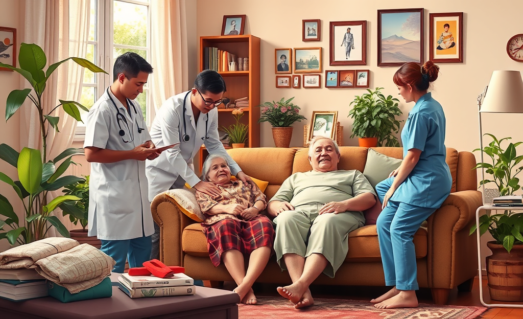 Imagem ilustrativa do atendimento de saúde domiciliar gratuito, mostrando profissionais de saúde em ação com pacientes em casa.