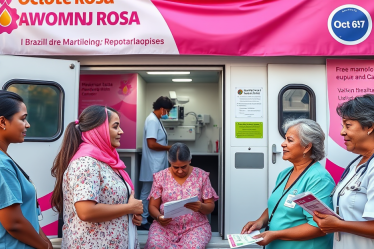 Mulheres fazendo exames de mamografia e Papanicolau gratuitos.