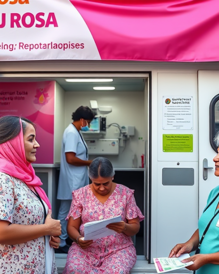 Mulheres fazendo exames de mamografia e Papanicolau gratuitos.