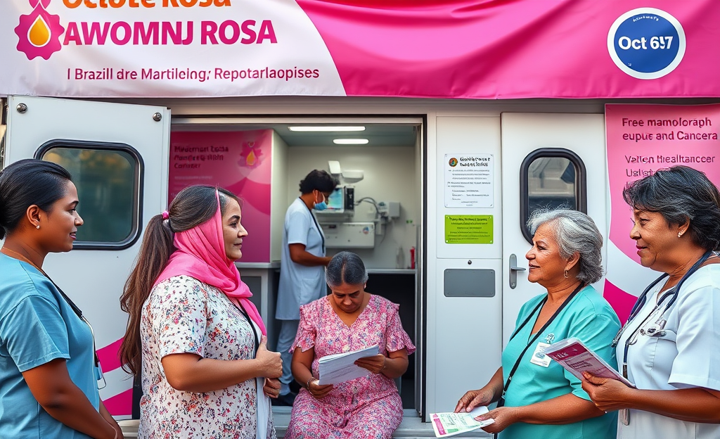 Mulheres fazendo exames de mamografia e Papanicolau gratuitos.