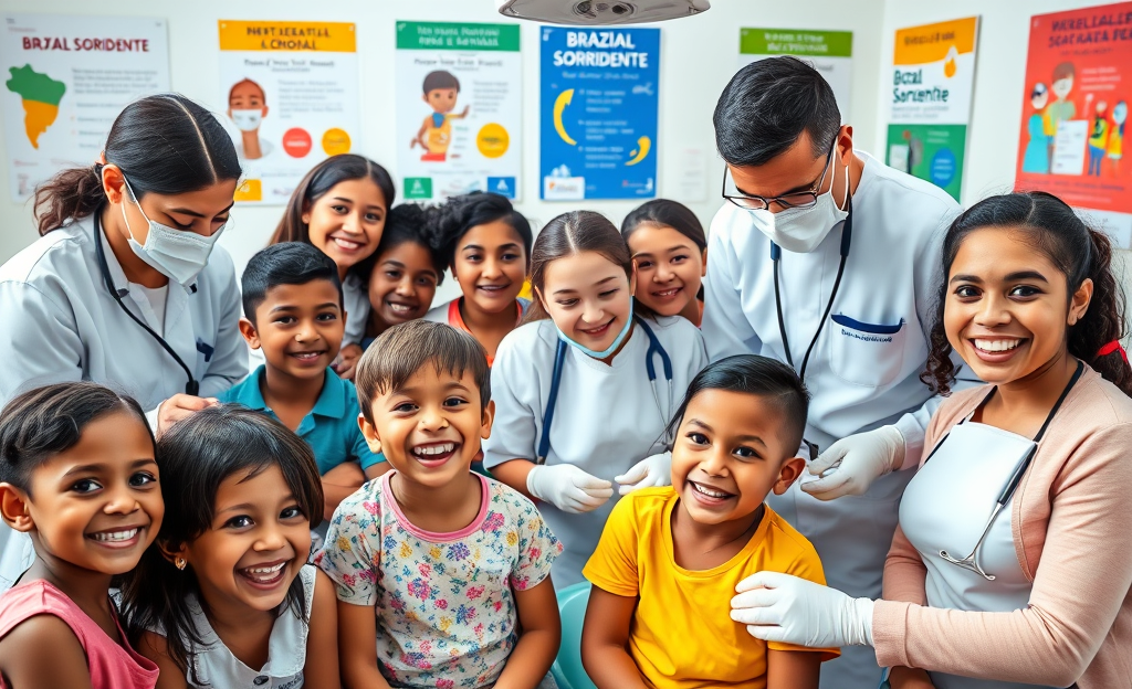 Alunos recebendo atendimento do Programa de Saúde Bucal Grátis pelo SUS em Escola de Odontologia.