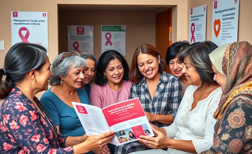 Mulheres avaliando informações sobre mamografia gratuita pelo SUS com encaminhamento médico.