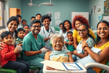 Imagem ilustrativa do Programa de Saúde Bucal Gratuito no Brasil, mostrando dentistas atendendo pacientes.