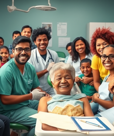 Imagem ilustrativa do Programa de Saúde Bucal Gratuito no Brasil, mostrando dentistas atendendo pacientes.