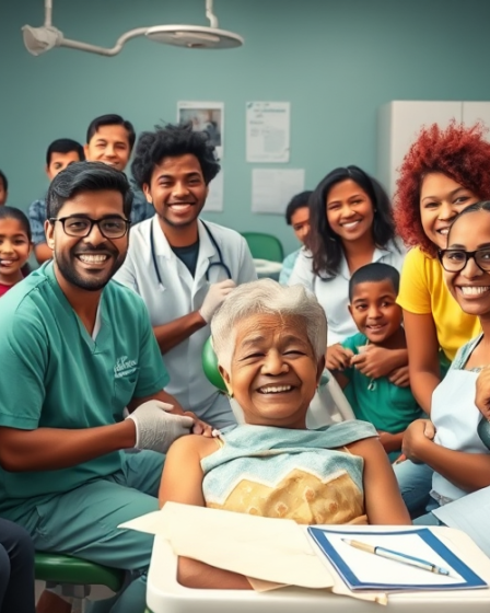 Imagem ilustrativa do Programa de Saúde Bucal Gratuito no Brasil, mostrando dentistas atendendo pacientes.