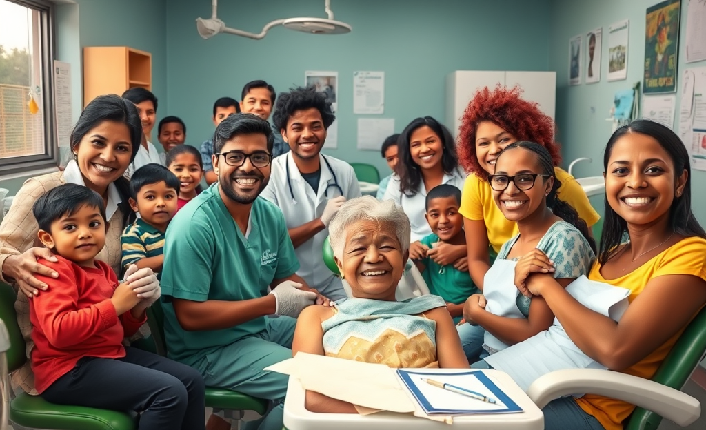 Imagem ilustrativa do Programa de Saúde Bucal Gratuito no Brasil, mostrando dentistas atendendo pacientes.