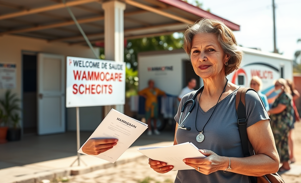 Mulher se preparando para realizar mamografia gratuita pelo SUS